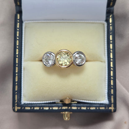 Edwardian Antique Yellow and White Diamond Three Stone Engagement Ring in 18ct Gold