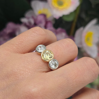 Edwardian Antique Yellow and White Diamond Three Stone Engagement Ring in 18ct Gold