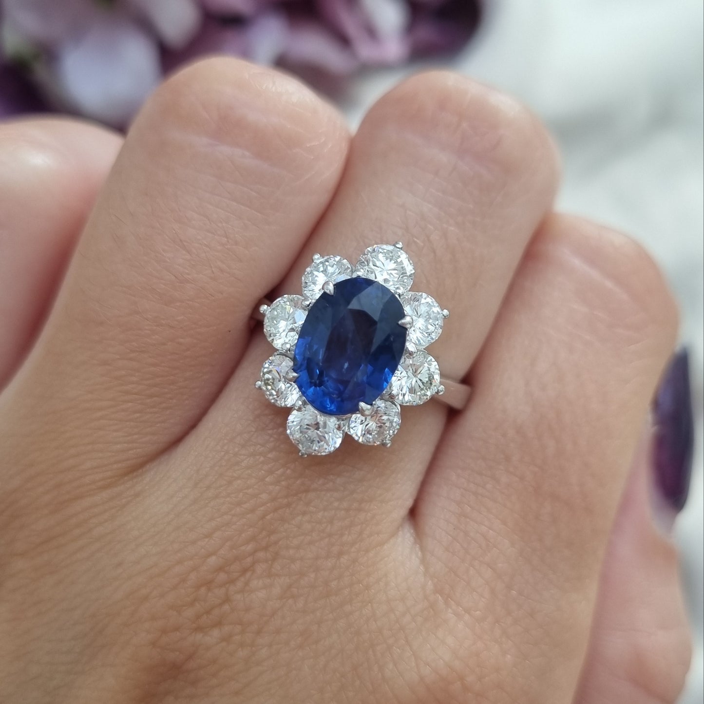 3.80ct Sapphire and Diamond Cluster Engagement Ring in 18ct White Gold