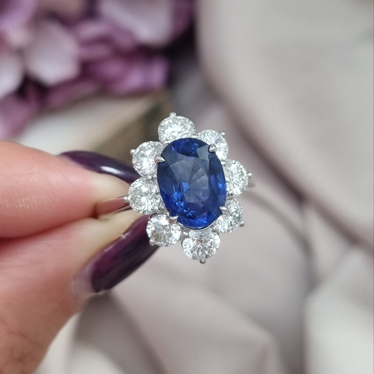 3.80ct Sapphire and Diamond Cluster Engagement Ring in 18ct White Gold