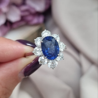 3.80ct Sapphire and Diamond Cluster Engagement Ring in 18ct White Gold