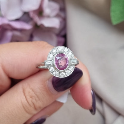 1.20ct oval pink sapphire ring with diamonds in platinum
