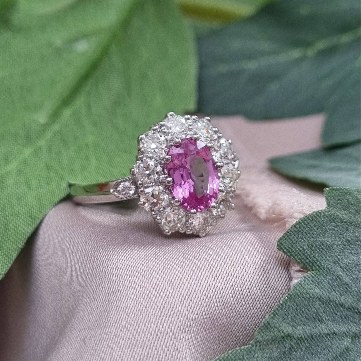 1.50ct Pink Sapphire and Diamond Cluster Ring in Platinum