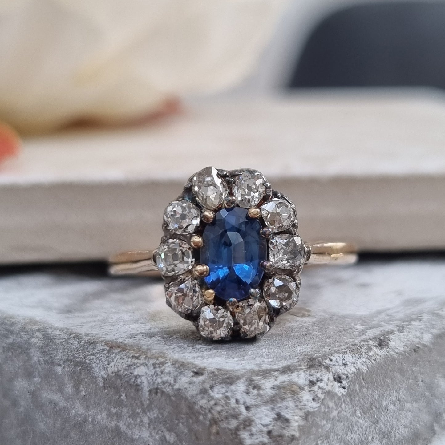 Victorian Antique 1.20ct Oval Sapphire and Old Cut Diamond Cluster Engagement Ring