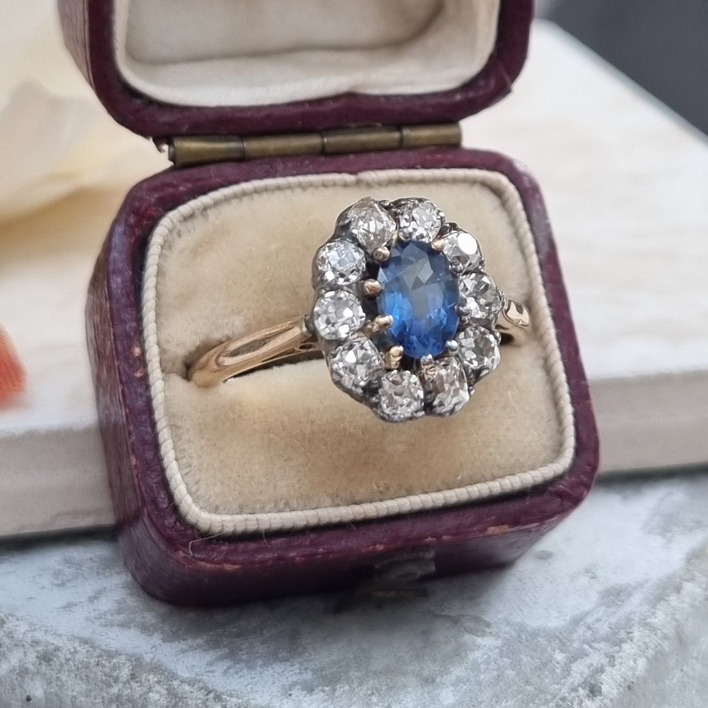 Victorian Antique 1.20ct Oval Sapphire and Old Cut Diamond Cluster Engagement Ring