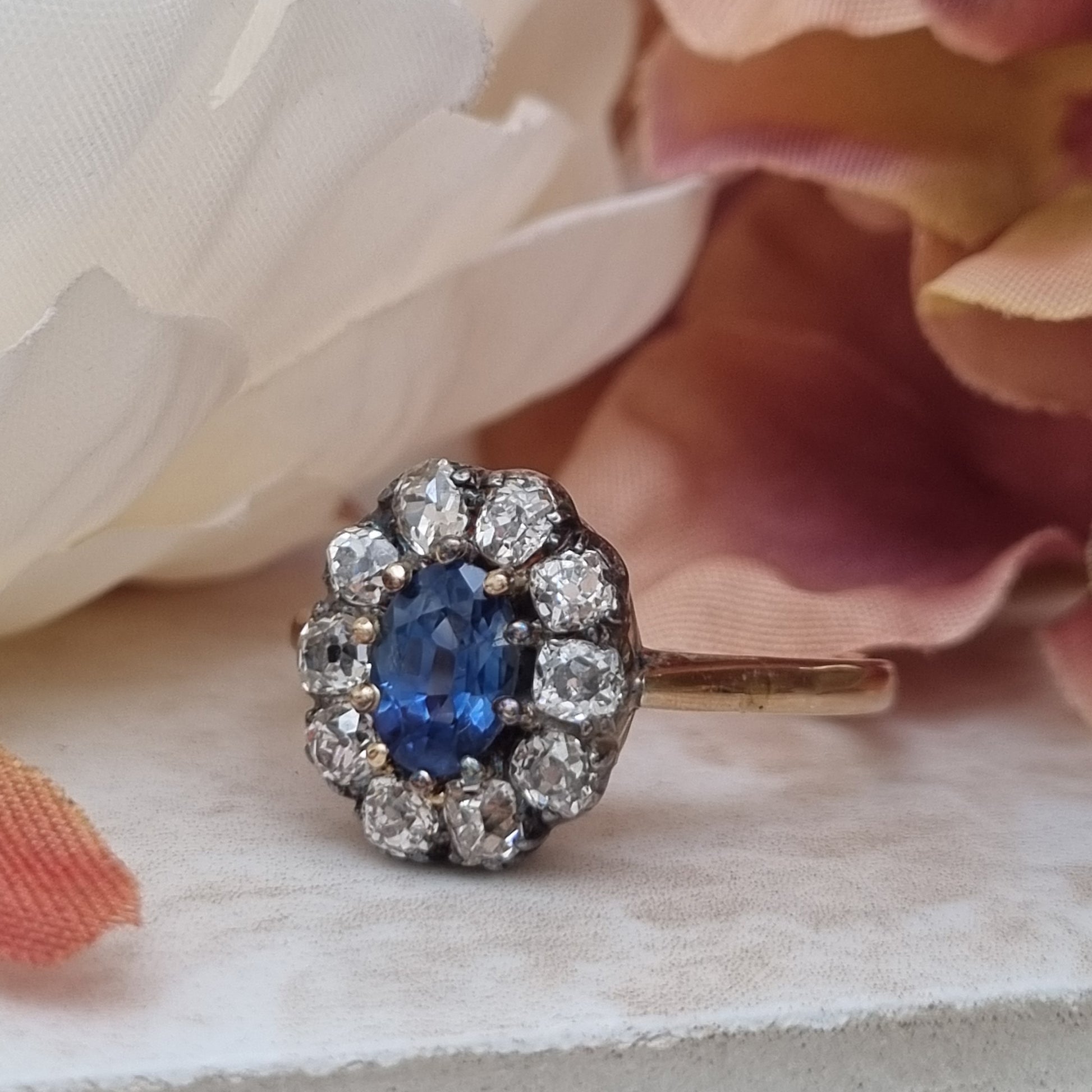 Victorian Antique 1.20ct Oval Sapphire and Old Cut Diamond Cluster Engagement Ring