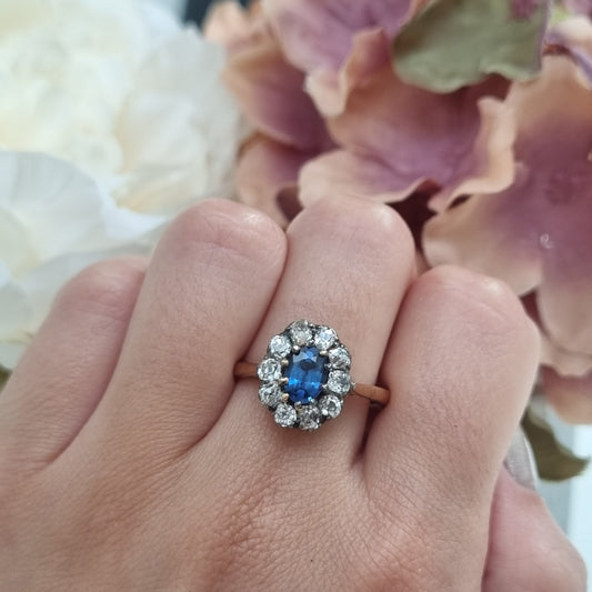 Victorian Antique 1.20ct Oval Sapphire and Old Cut Diamond Cluster Engagement Ring