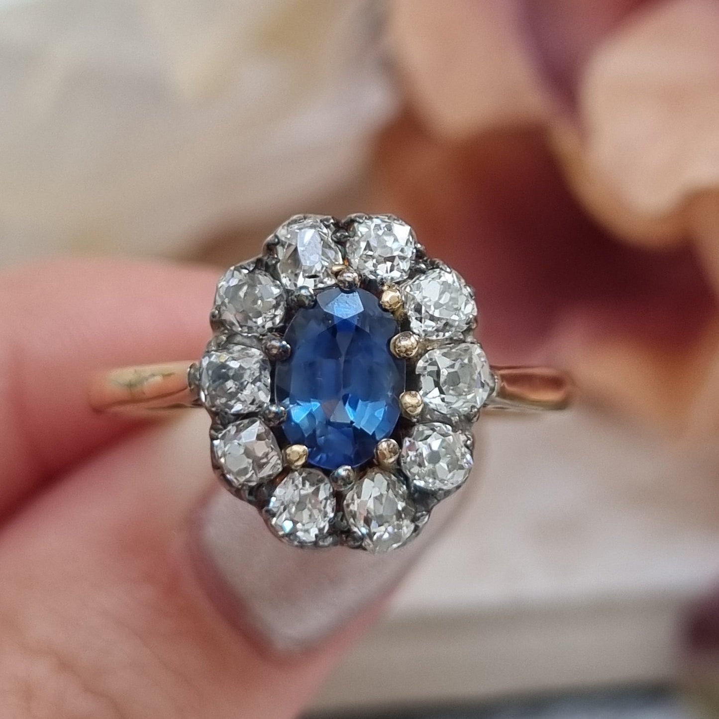 Victorian Antique 1.20ct Oval Sapphire and Old Cut Diamond Cluster Engagement Ring