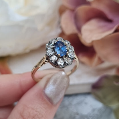 Victorian Antique 1.20ct Oval Sapphire and Old Cut Diamond Cluster Engagement Ring