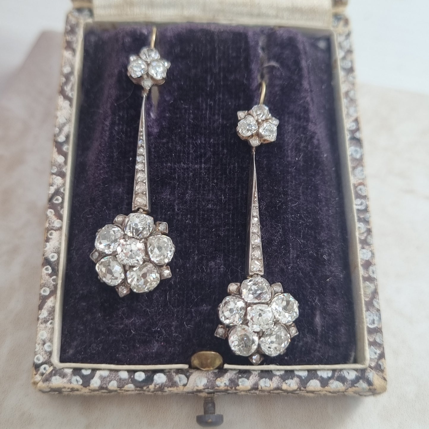 Edwardian Antique 6.8ct Old Cut Diamond Floral Cluster Drop Earrings
