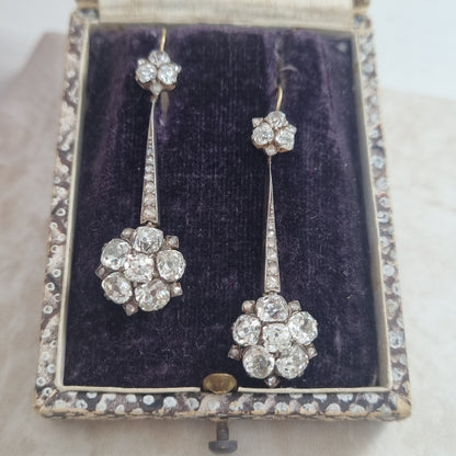 Edwardian Antique 6.8ct Old Cut Diamond Floral Cluster Drop Earrings