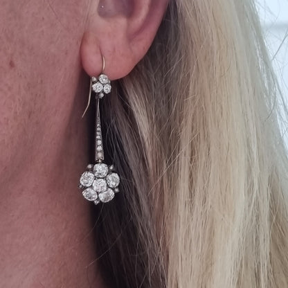 Edwardian Antique 6.8ct Old Cut Diamond Floral Cluster Drop Earrings