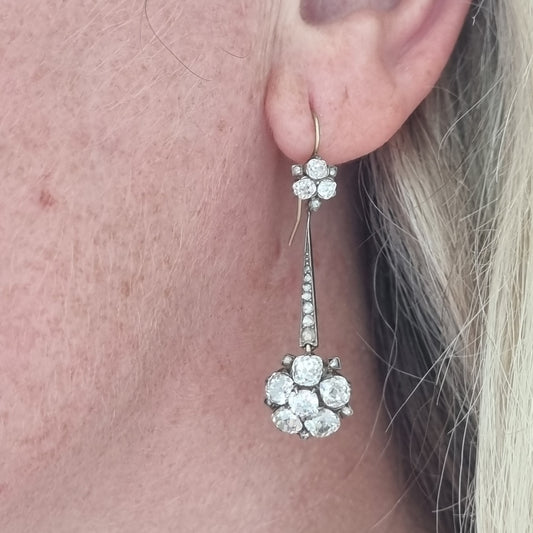 Edwardian Antique 6.8ct Old Cut Diamond Floral Cluster Drop Earrings