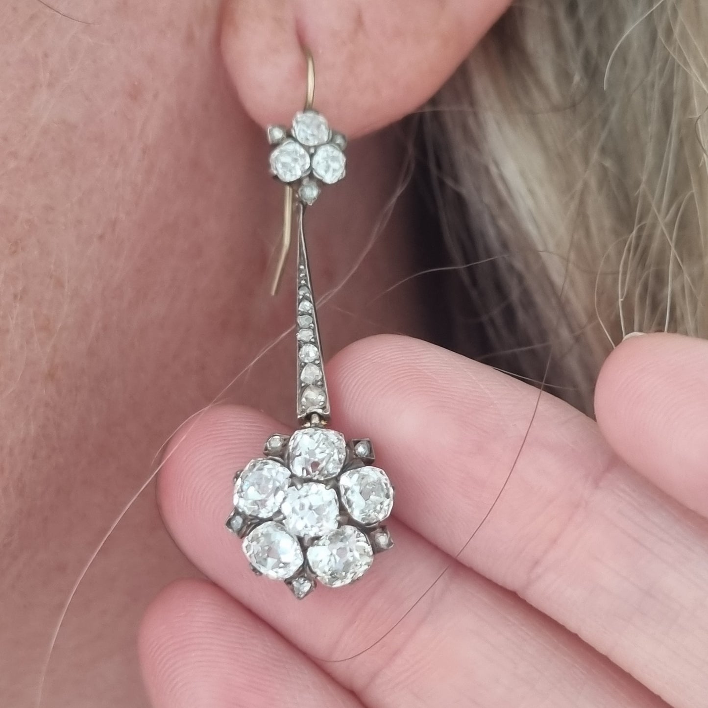 Edwardian Antique 6.8ct Old Cut Diamond Floral Cluster Drop Earrings