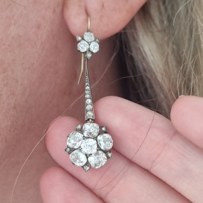 Edwardian Antique 6.8ct Old Cut Diamond Floral Cluster Drop Earrings