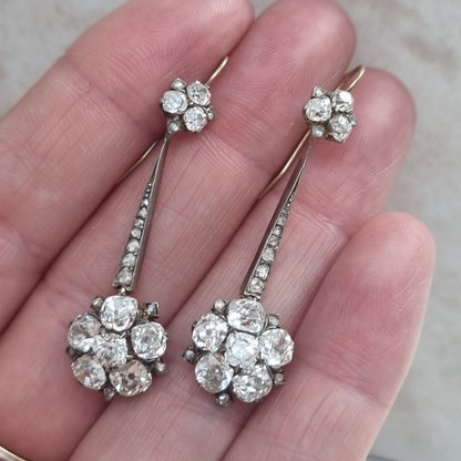 Edwardian Antique 6.8ct Old Cut Diamond Floral Cluster Drop Earrings