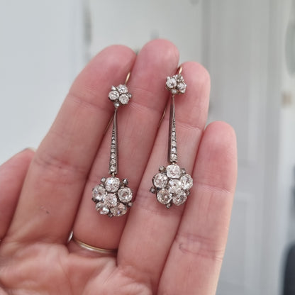 Edwardian Antique 6.8ct Old Cut Diamond Floral Cluster Drop Earrings
