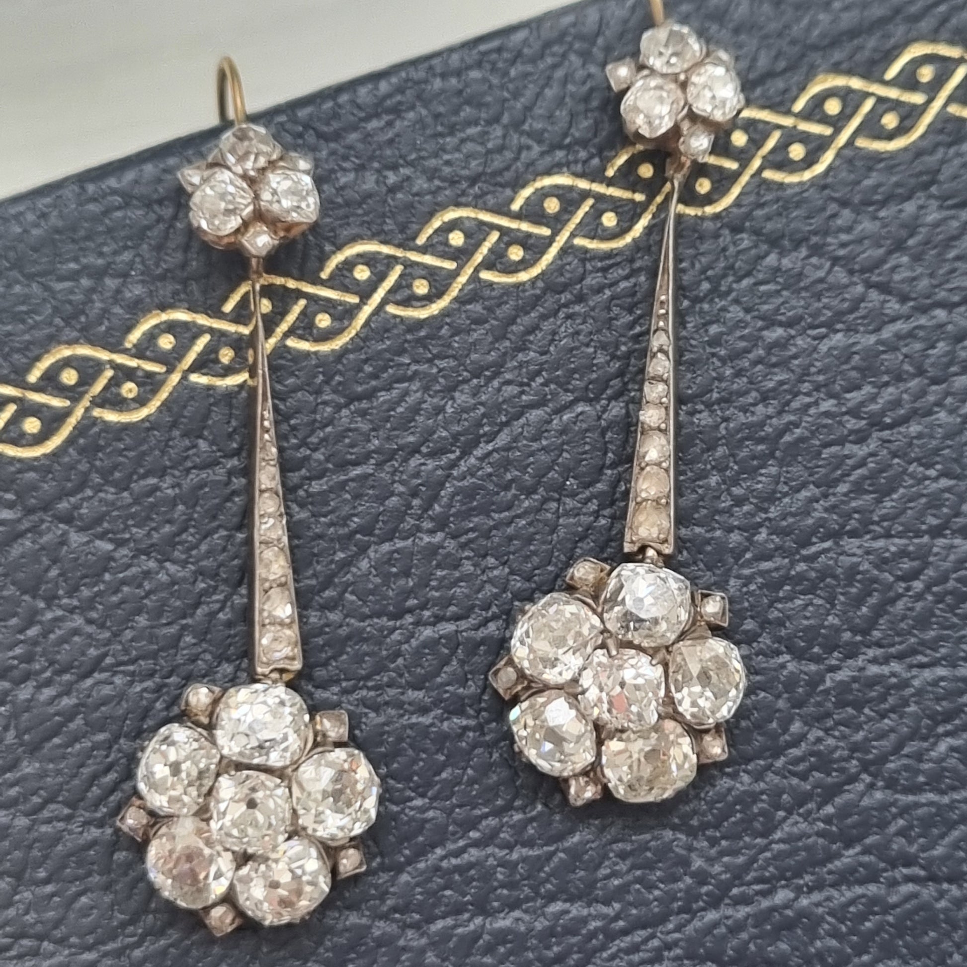 Edwardian Antique 6.8ct Old Cut Diamond Floral Cluster Drop Earrings