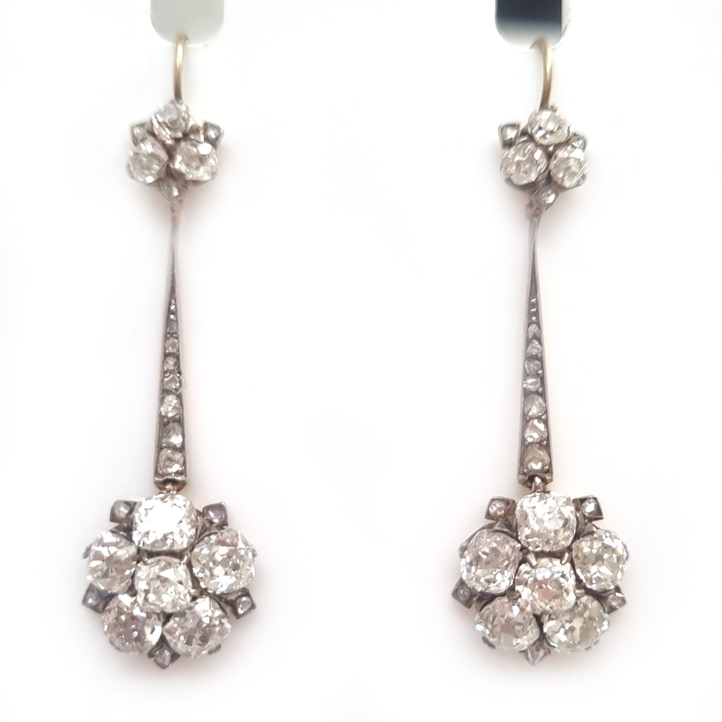 Edwardian Antique 6.8ct Old Cut Diamond Floral Cluster Drop Earrings