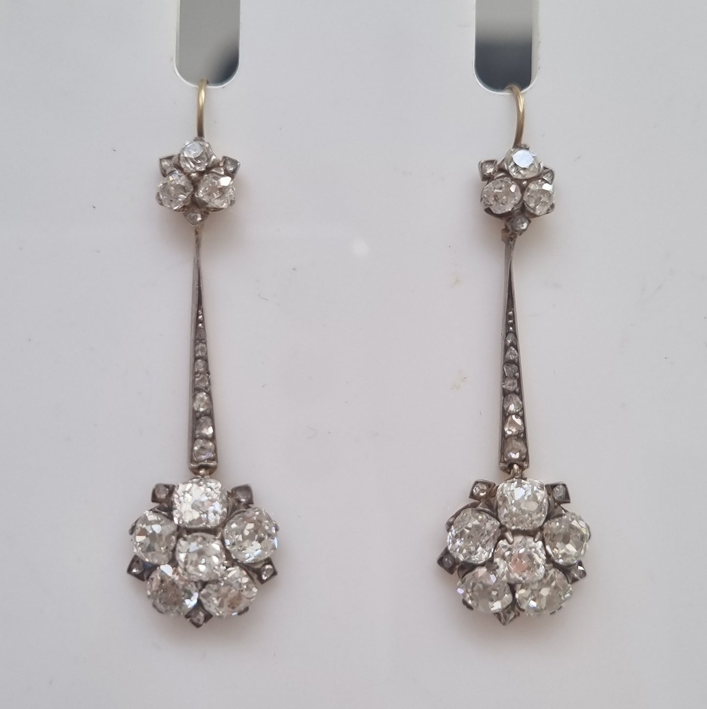 Edwardian Antique 6.8ct Old Cut Diamond Floral Cluster Drop Earrings