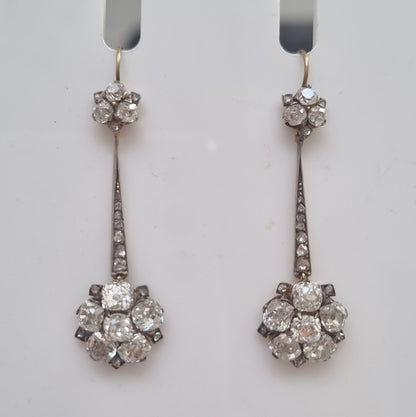 Edwardian Antique 6.8ct Old Cut Diamond Floral Cluster Drop Earrings