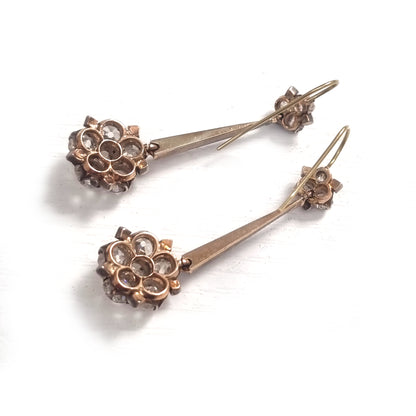 Edwardian Antique 6.8ct Old Cut Diamond Floral Cluster Drop Earrings