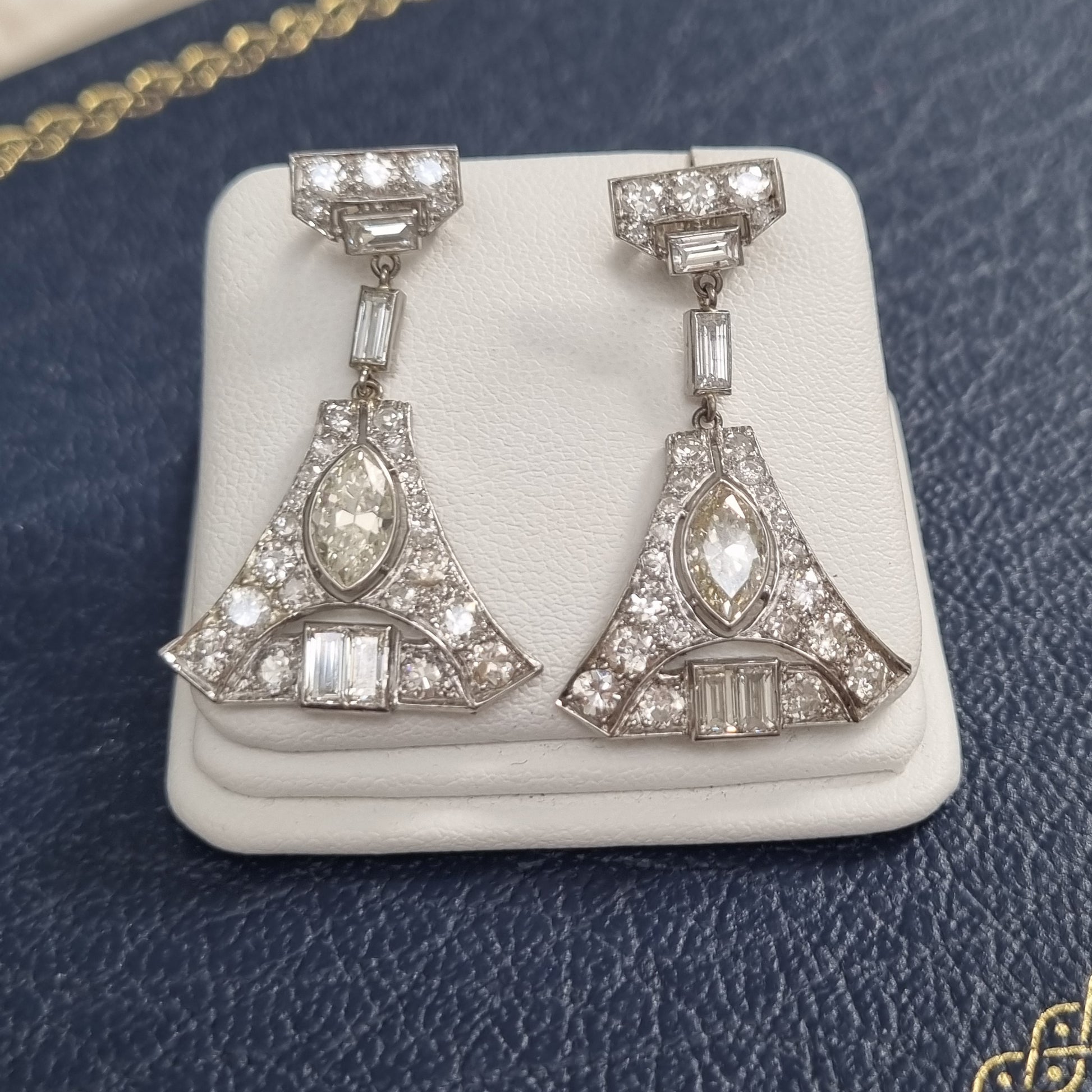 Antique Vintage Art Deco 5cts Diamond Drop Earrings in Platinum Marquise Baguette Transitional