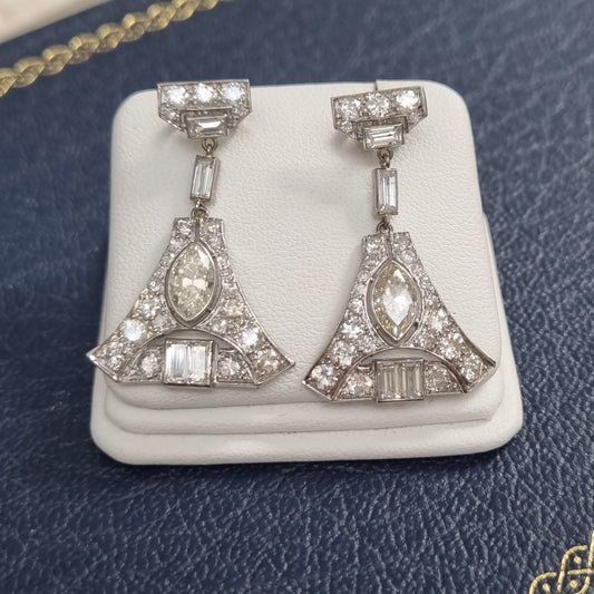 Antique Vintage Art Deco 5cts Diamond Drop Earrings in Platinum Marquise Baguette Transitional