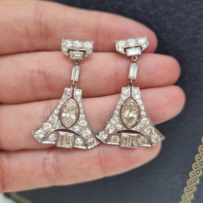 Antique Vintage Art Deco 5cts Diamond Drop Earrings in Platinum Marquise Baguette Transitional