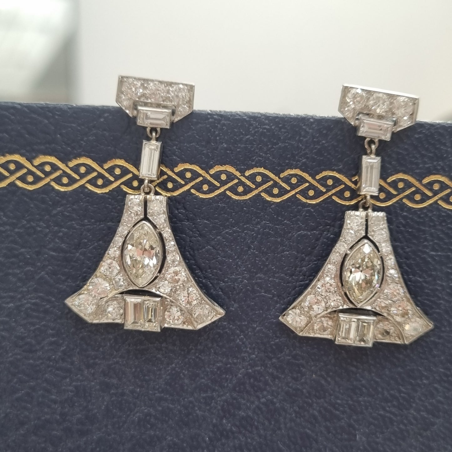 Antique Vintage Art Deco 5cts Diamond Drop Earrings in Platinum Marquise Baguette Transitional