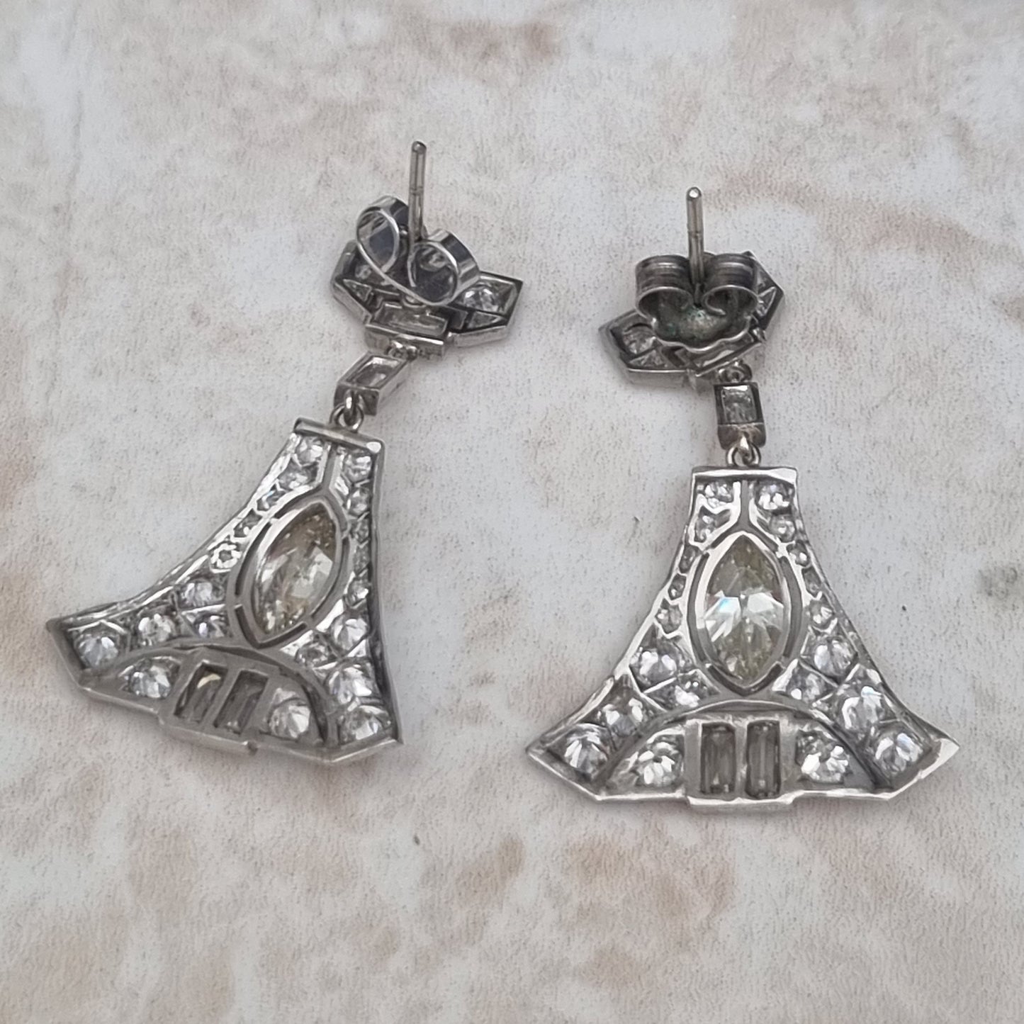 Antique Vintage Art Deco 5cts Diamond Drop Earrings in Platinum Marquise Baguette Transitional