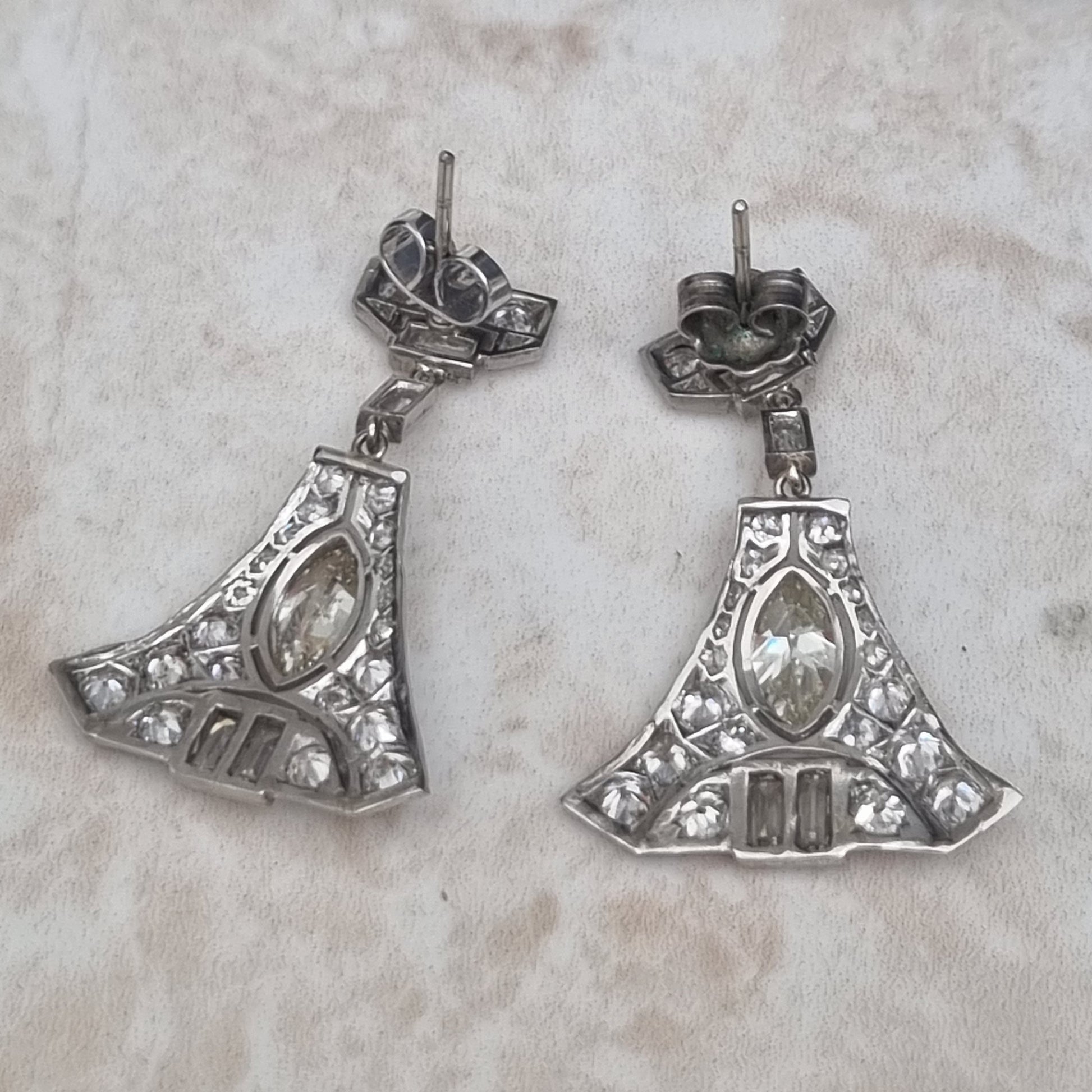 Antique Vintage Art Deco 5cts Diamond Drop Earrings in Platinum Marquise Baguette Transitional