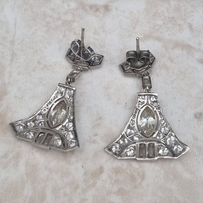 Antique Vintage Art Deco 5cts Diamond Drop Earrings in Platinum Marquise Baguette Transitional