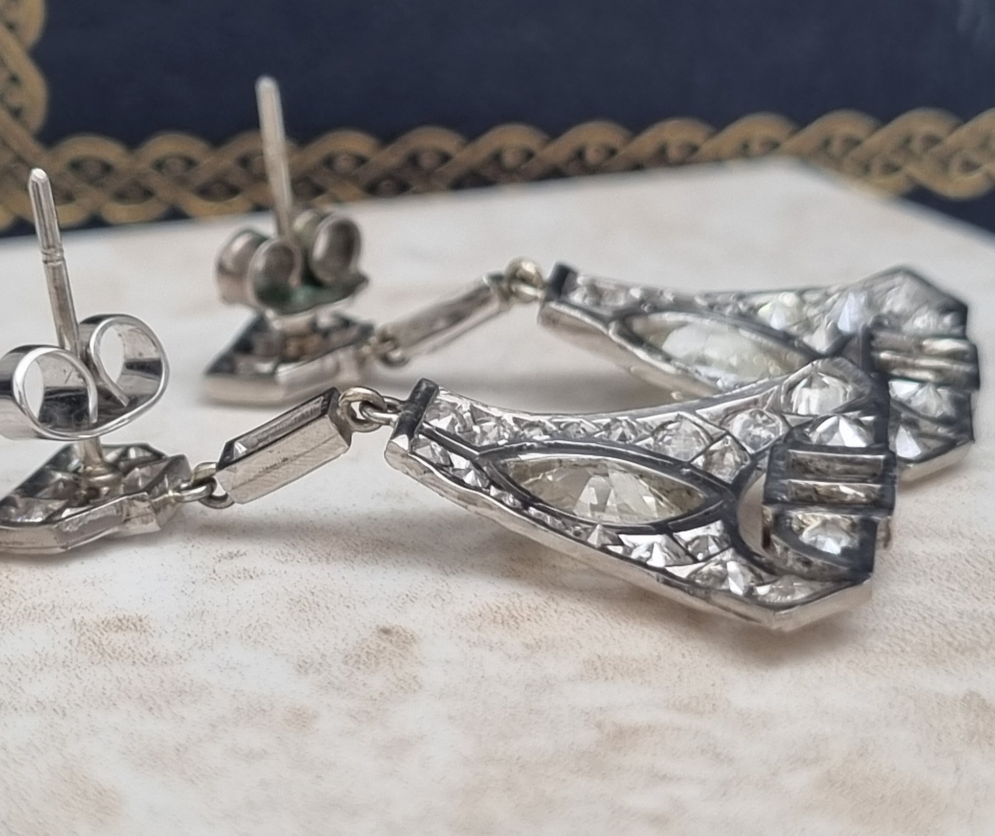 Antique Vintage Art Deco 5cts Diamond Drop Earrings in Platinum Marquise Baguette Transitional