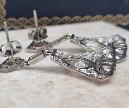Antique Vintage Art Deco 5cts Diamond Drop Earrings in Platinum Marquise Baguette Transitional