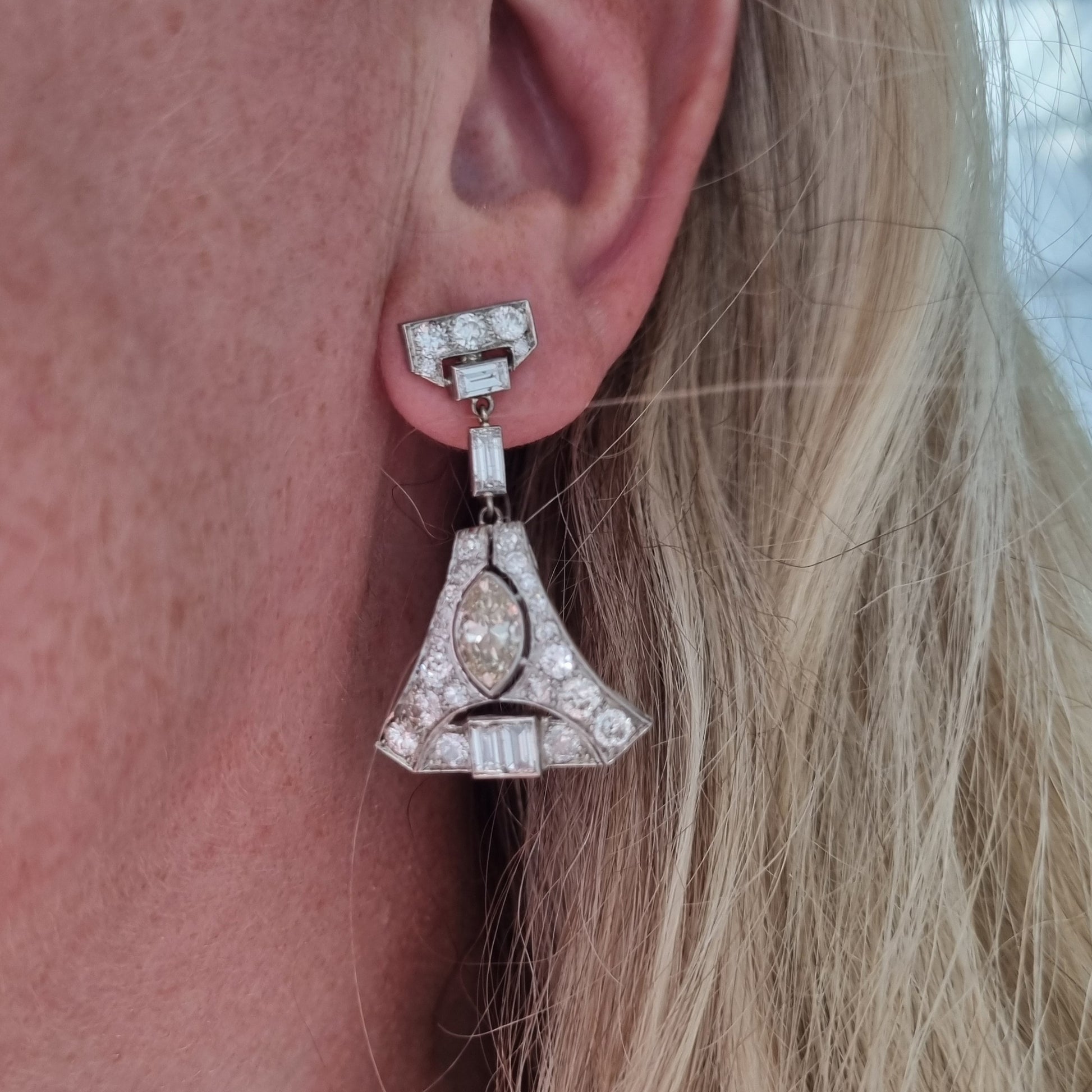 Antique Vintage Art Deco 5cts Diamond Drop Earrings in Platinum Marquise Baguette Transitional