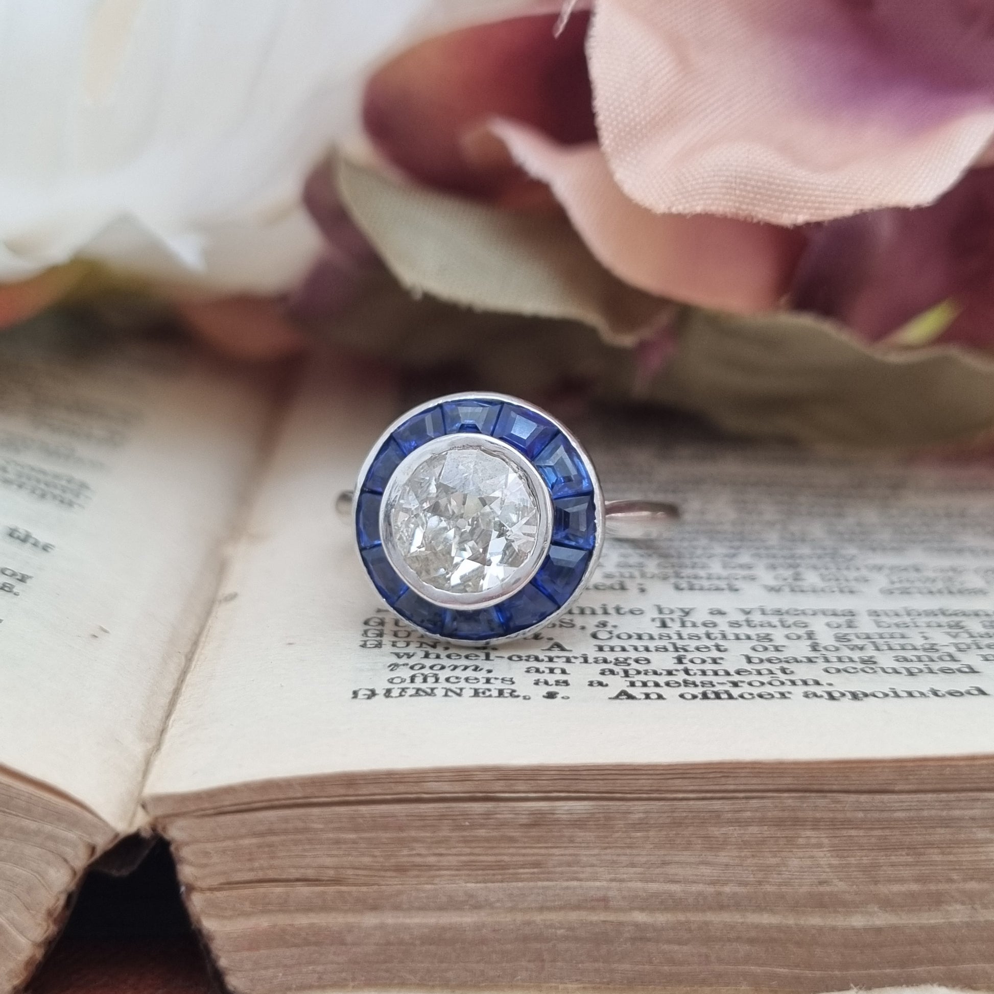Art Deco French 1.15ct Diamond and Sapphire Target Cluster Engagement Ring