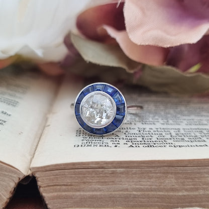 Art Deco French 1.15ct Diamond and Sapphire Target Cluster Engagement Ring