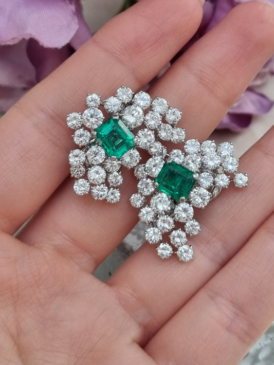 Vintage Colombian Emerald & Diamond Cluster Clip-On Earrings in 18ct White Gold
