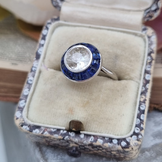 Art Deco French 1.15ct Diamond and Sapphire Target Cluster Engagement Ring