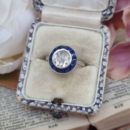 Art Deco French 1.15ct Diamond and Sapphire Target Cluster Engagement Ring