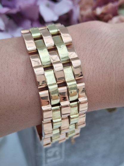 Vintage 1940s Retro Bi Colour 18ct Yellow Rose Gold Brick Link Wide Bracelet