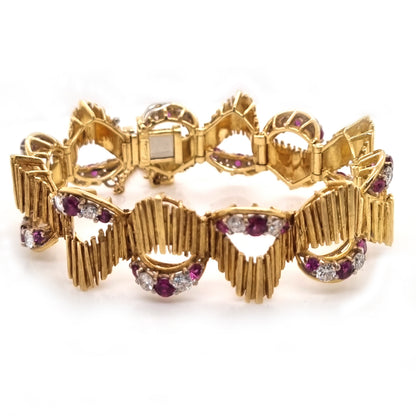 Vintage Kutchinsky Ruby and Diamond Set 18ct Yellow Gold Textured Wave Bracelet