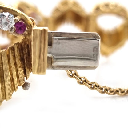 Vintage Kutchinsky Ruby and Diamond Set 18ct Yellow Gold Textured Wave Bracelet