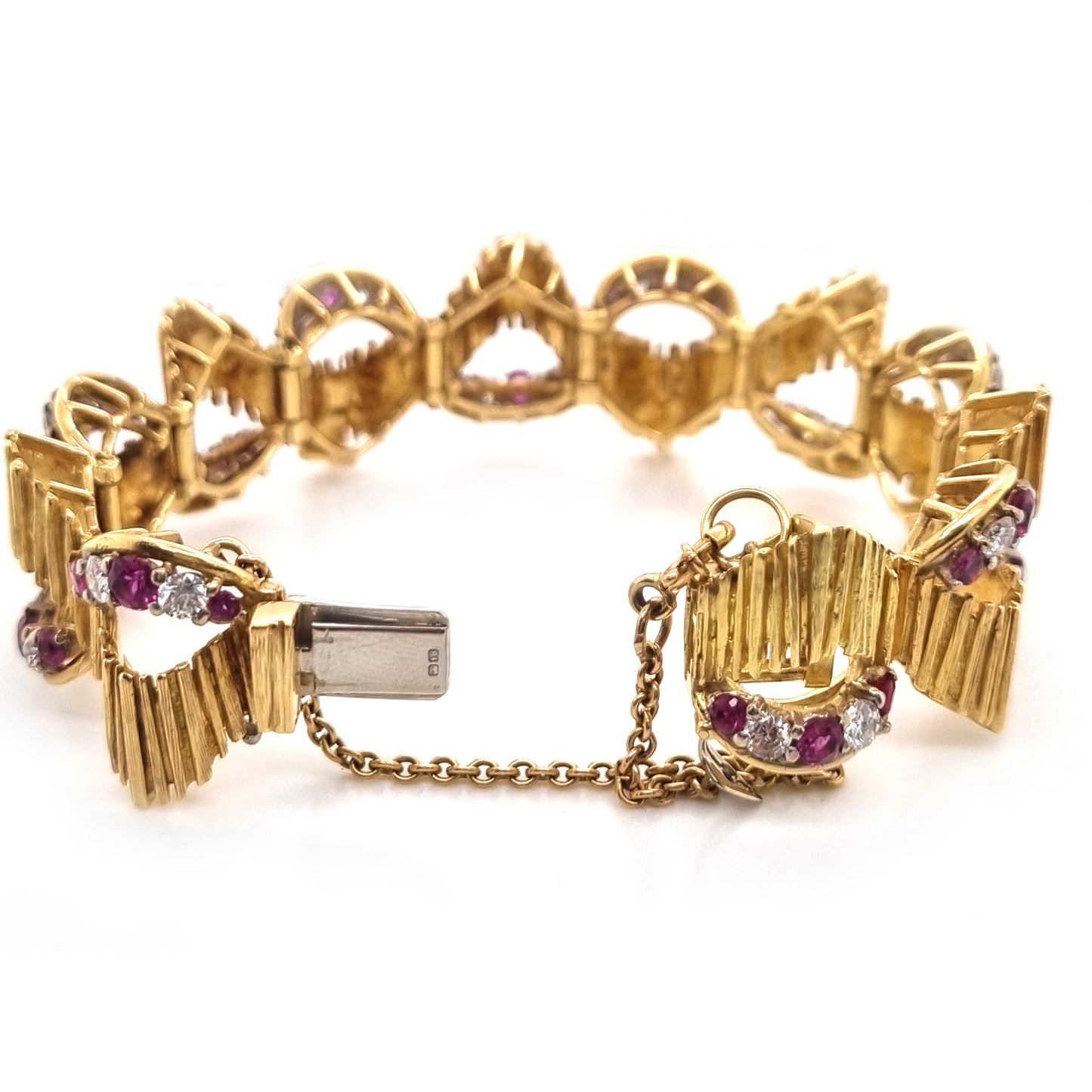 Vintage Kutchinsky Ruby and Diamond Set 18ct Yellow Gold Textured Wave Bracelet