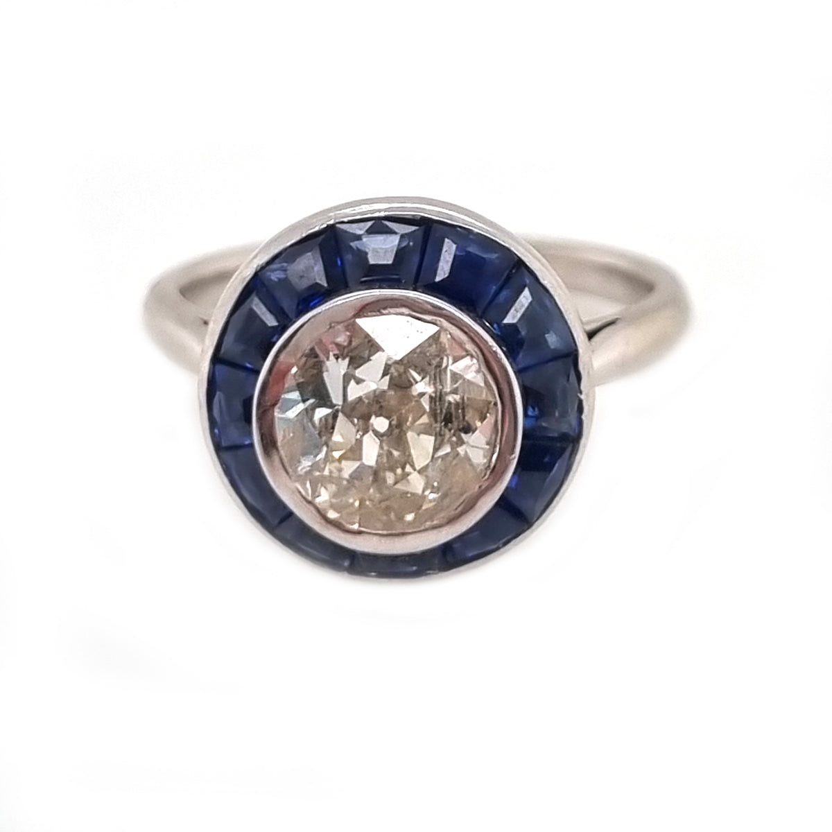 Art Deco French 1.15ct Diamond and Sapphire Target Cluster Engagement Ring