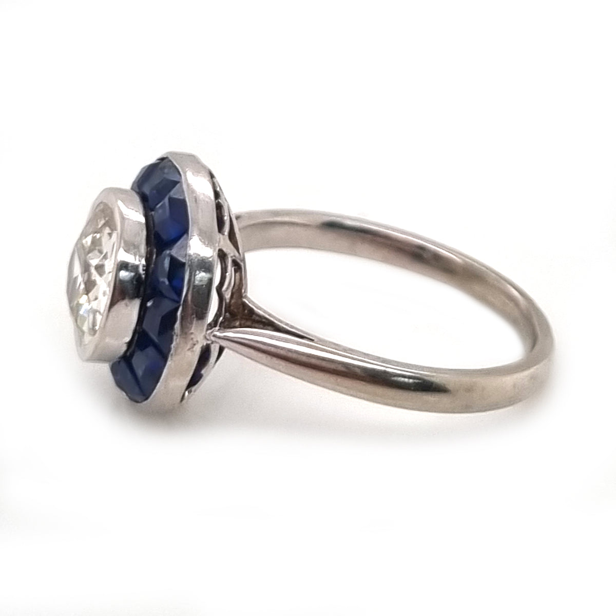 Art Deco French 1.15ct Diamond and Sapphire Target Cluster Engagement Ring
