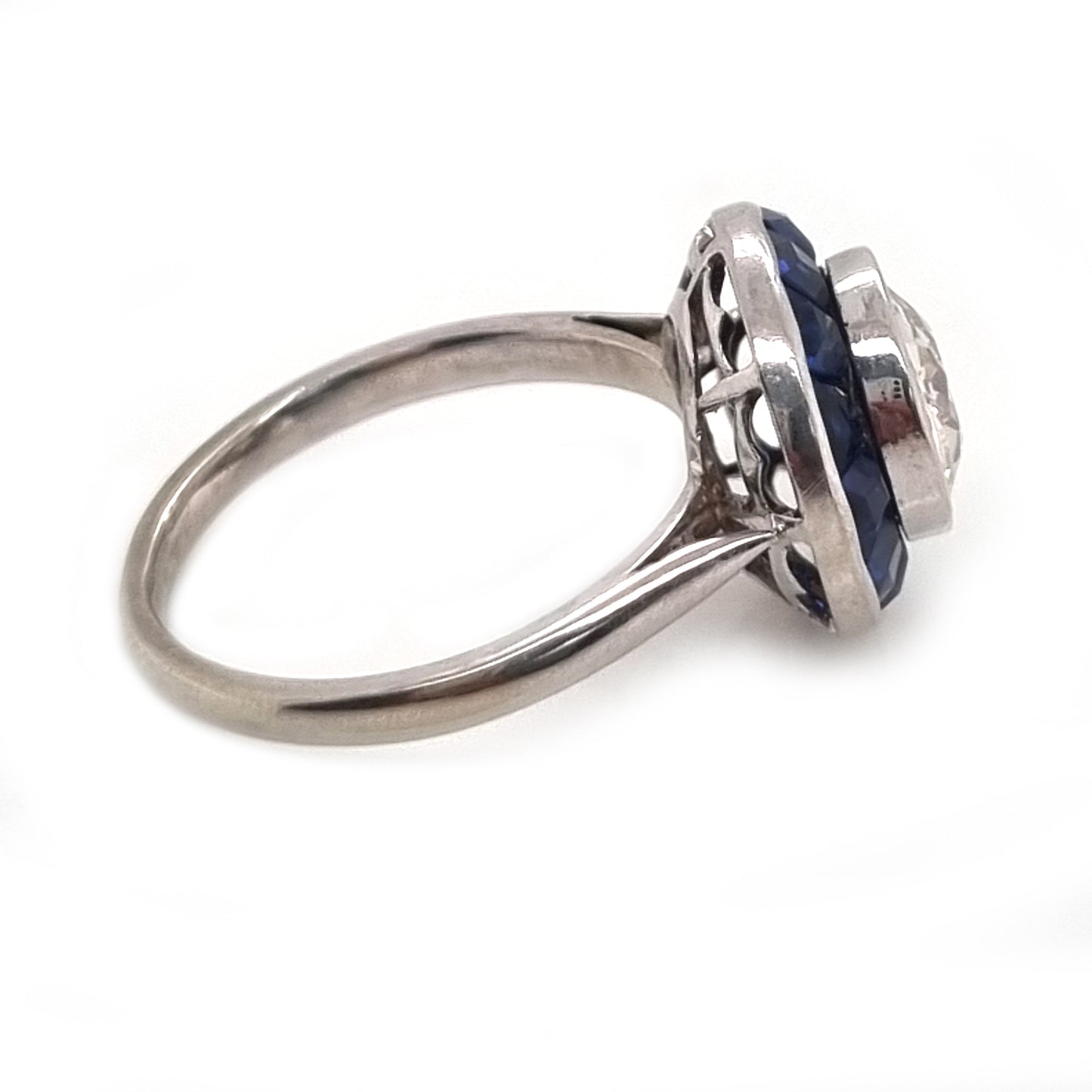 Art Deco French 1.15ct Diamond and Sapphire Target Cluster Engagement Ring