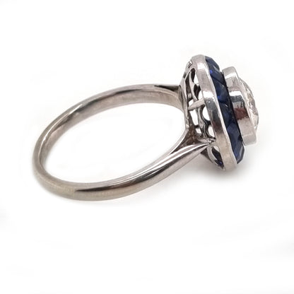 Art Deco French 1.15ct Diamond and Sapphire Target Cluster Engagement Ring