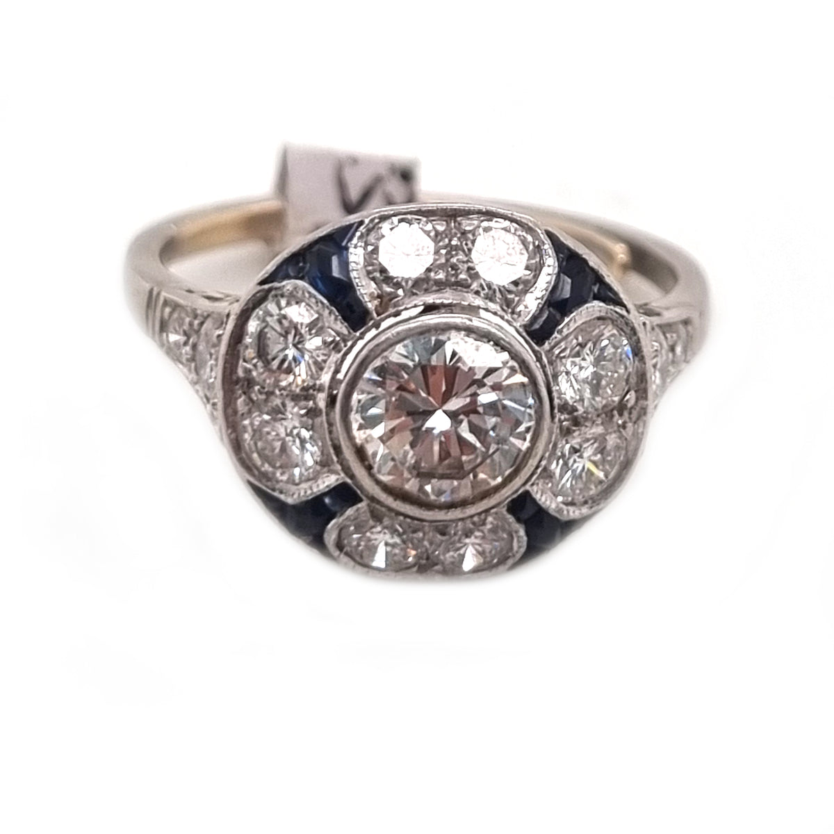 Art Deco French Diamond and Sapphire Target Cluster Ring in Platinum